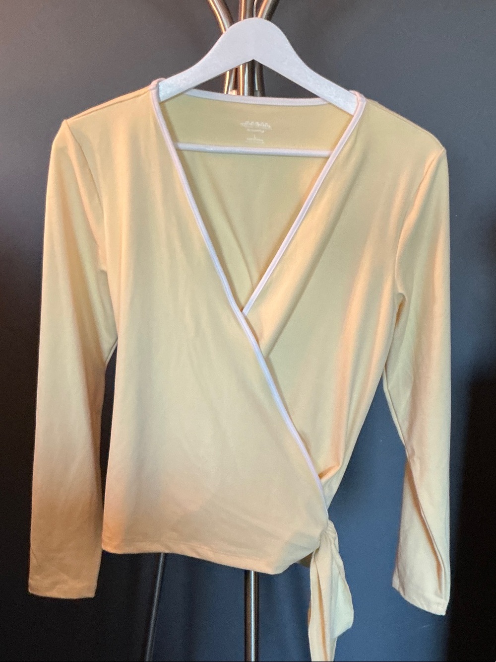 Pale Yellow Wrap Top with White Trim